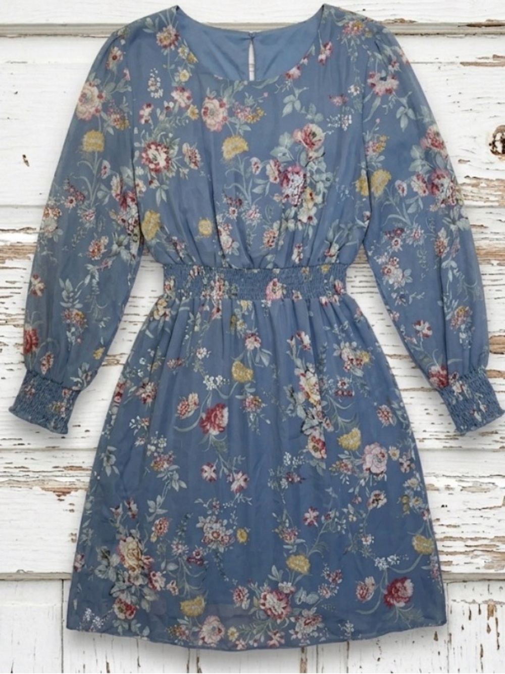 Stella and Julie Floral Long Sleeve Smocked Waist Mini Dress Blue Pink Sz 12